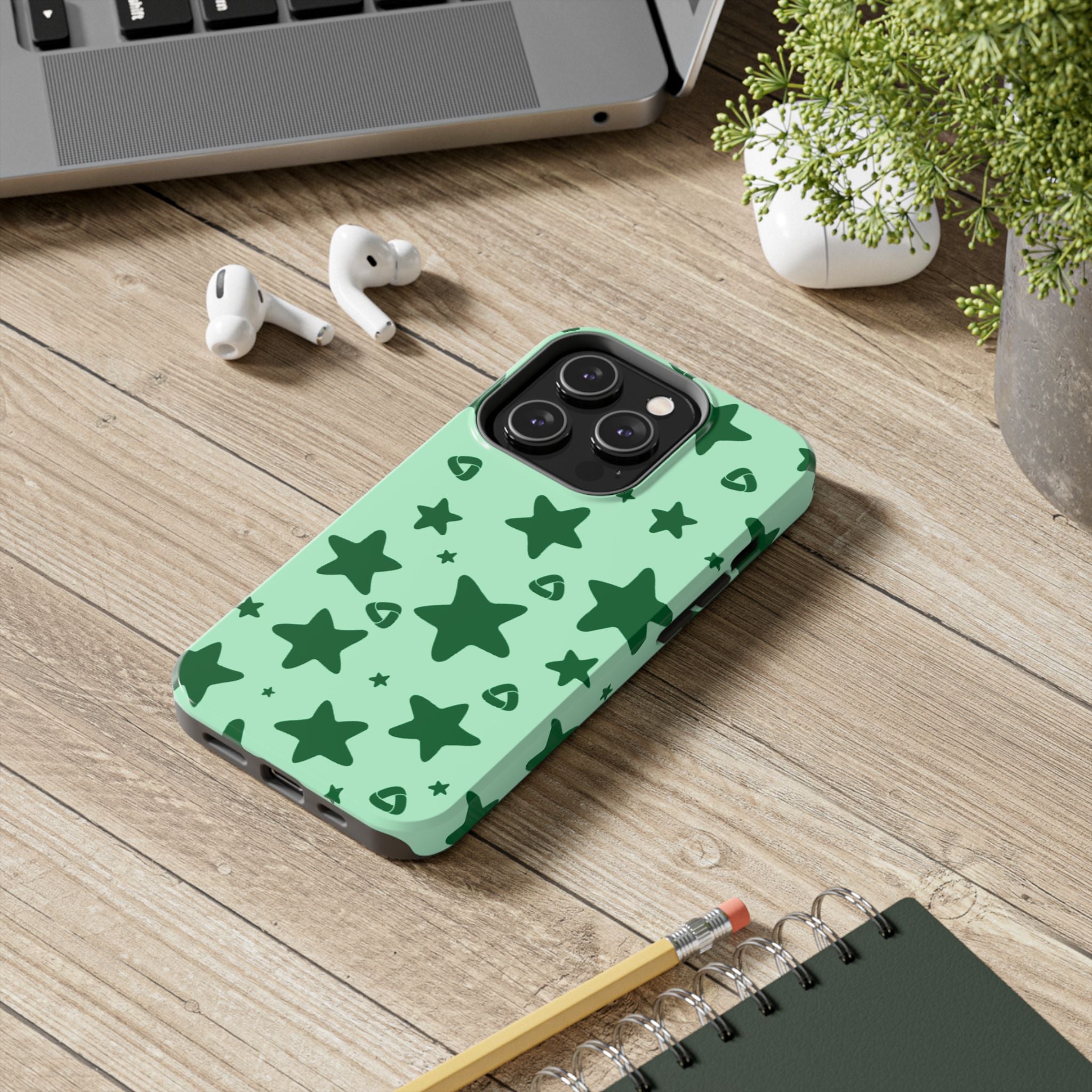 Green Star Pattern Tough Phone Case — Protective Mint & Dark-Green Star Design