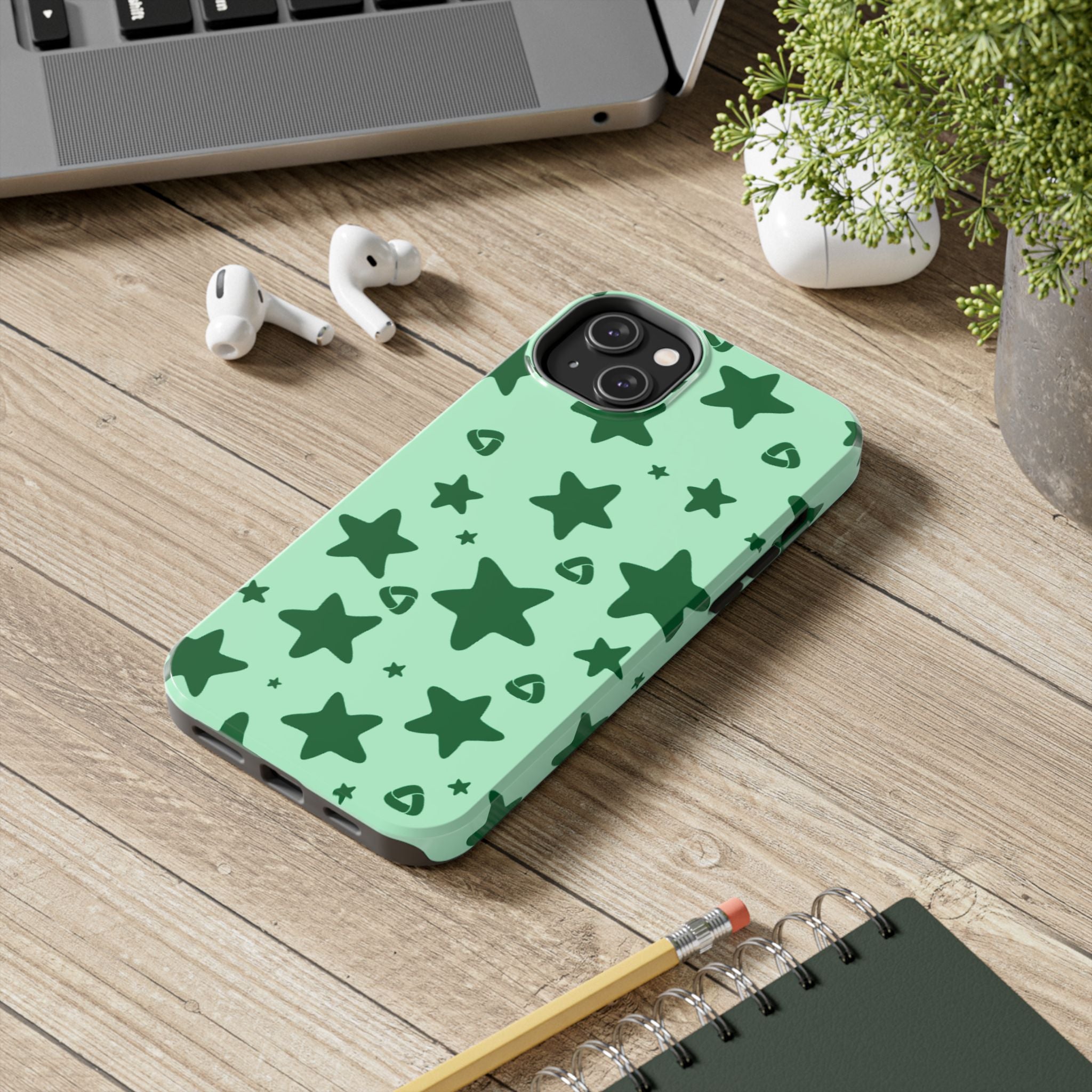 Green Star Pattern Tough Phone Case — Protective Mint & Dark-Green Star Design