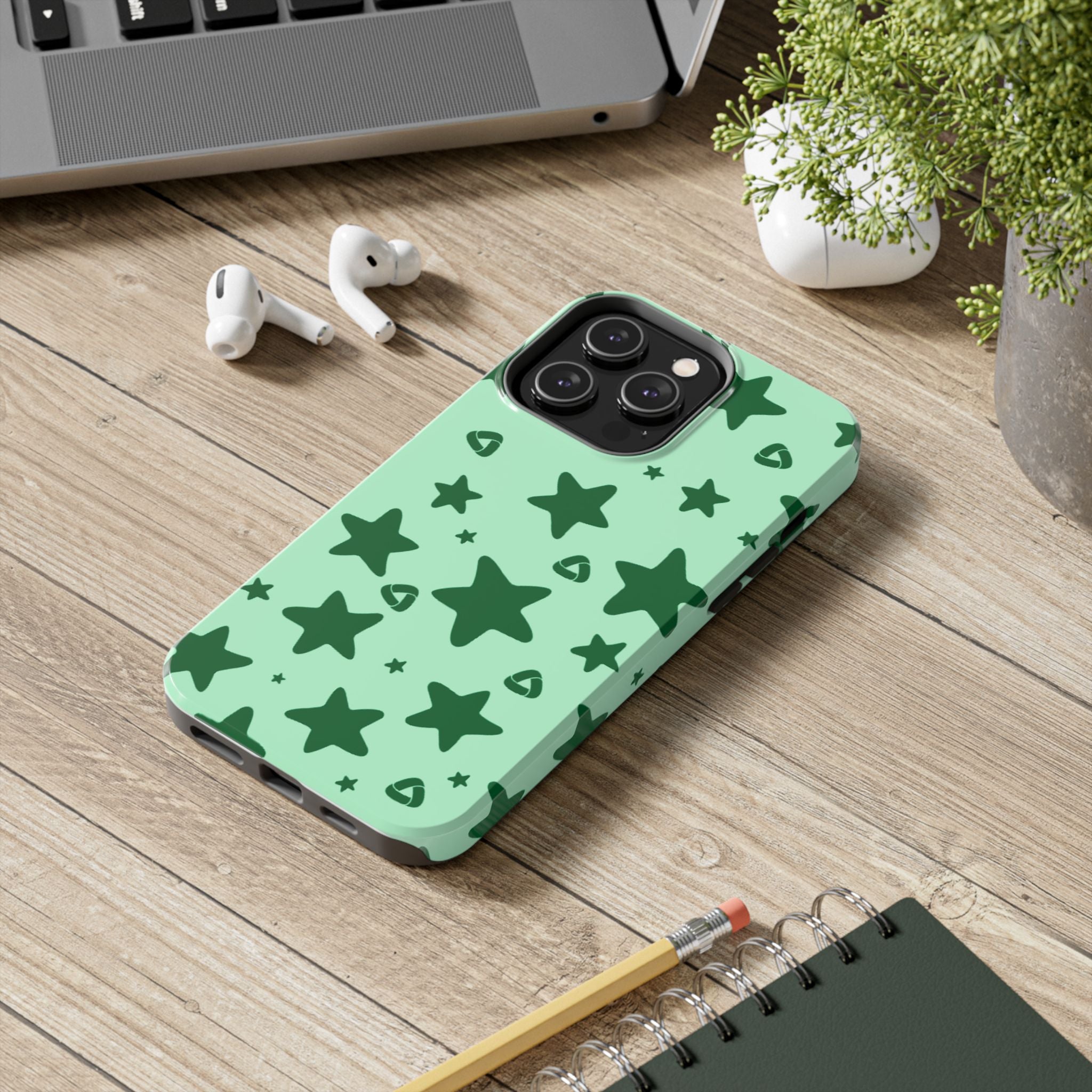 Green Star Pattern Tough Phone Case — Protective Mint & Dark-Green Star Design
