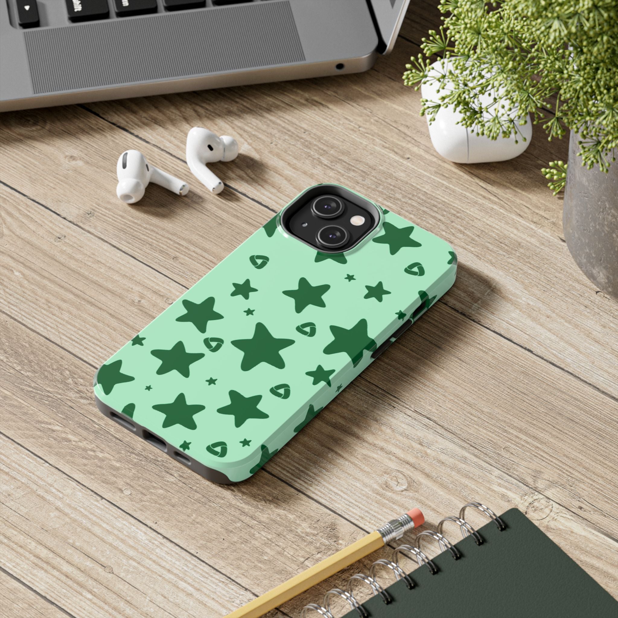 Green Star Pattern Tough Phone Case — Protective Mint & Dark-Green Star Design